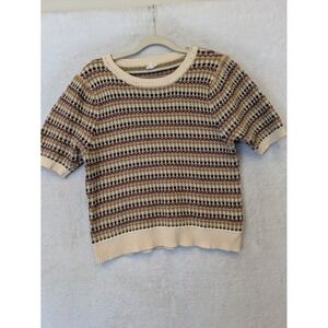 Hem & Thread Women's Size M Striped Short Sleeve Knit Sweater Cream Green Rust